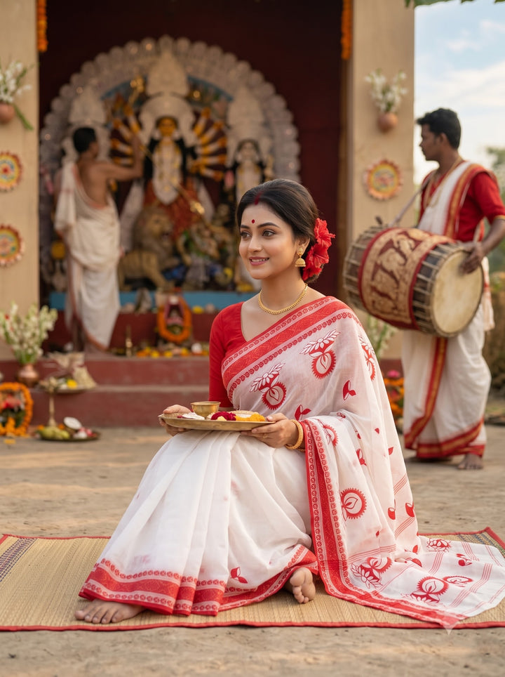Ashtami Tangail Tant Cotton Saree (Lamp Design)
