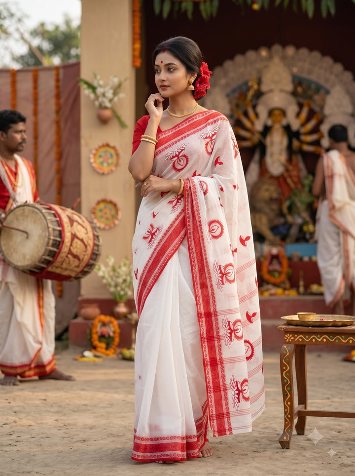 Ashtami Tangail Tant Cotton Saree (Lamp Design)