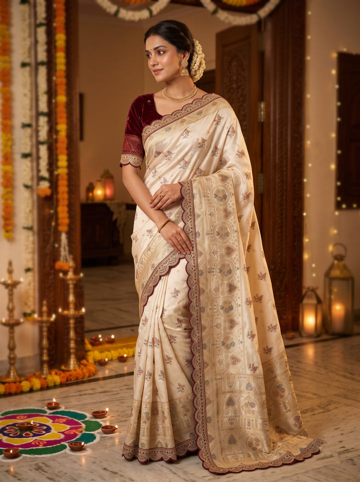 Apsara minakari  Satin silk Saree with Scallop Border