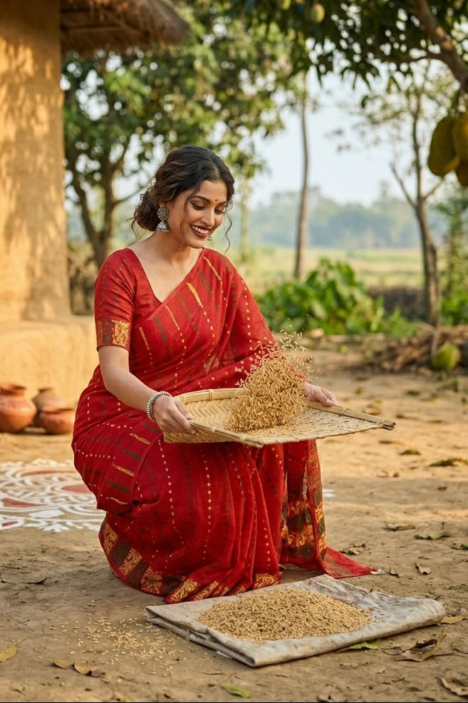 Shatarupa Bengal Jamdani Saree(Red)