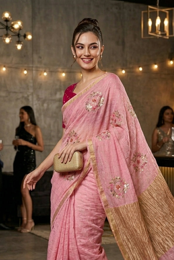 Blush Blossom Chinnon Silk Saree