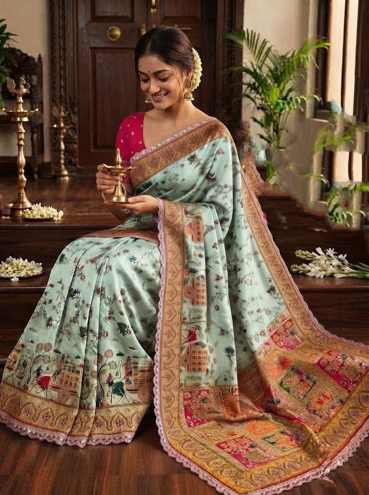 Rajwadi Noor Pashmina Silk Saree with Kashmiri Thread Weaving &amp; Heavy Zari Border