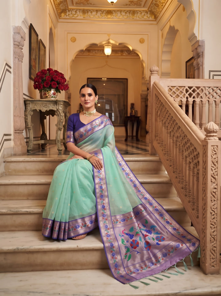 Golden Dew-Organza Silk (Semi) Saree with Minakari Zari Border & Designer Zari Pallu