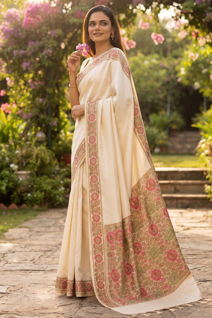 Golden Tapestry Premium Tussar Silk Saree(semi) with Antique Zari Floral Weave