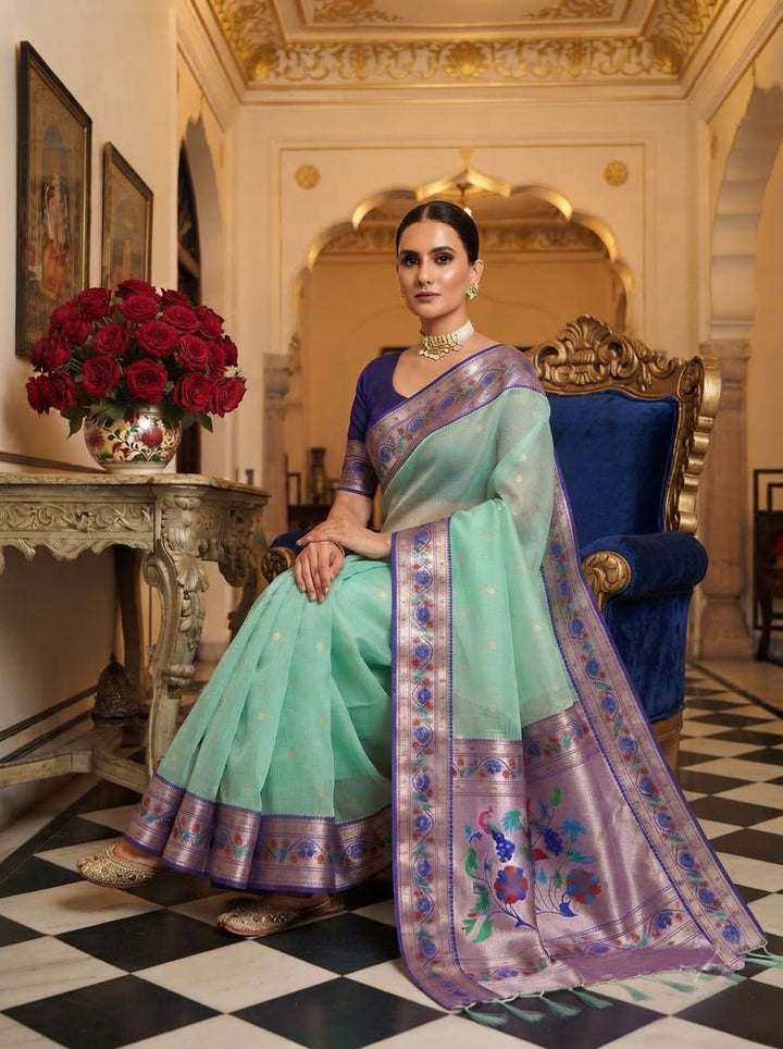Golden Dew-Organza Silk (Semi) Saree with Minakari Zari Border & Designer Zari Pallu