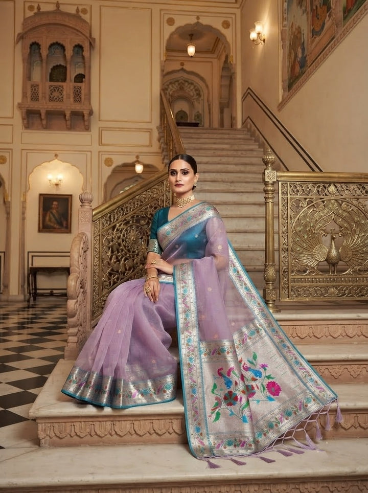 Golden Dew-Organza Silk (Semi) Saree with Minakari Zari Border & Designer Zari Pallu