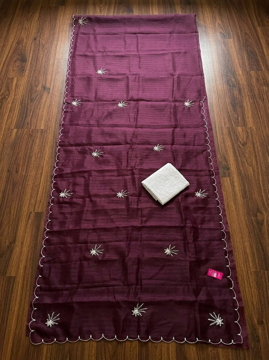 Pearl Bloom Organza Saree (Wine)