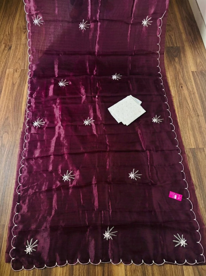 Pearl Bloom Organza Saree (Wine)