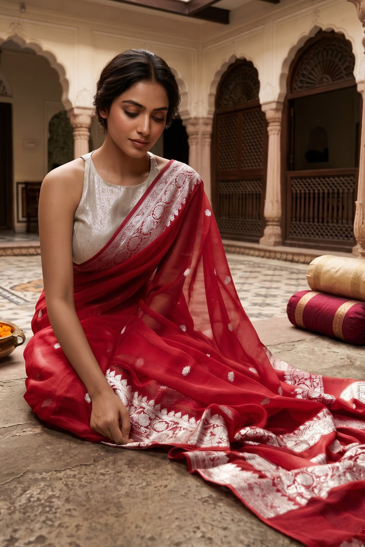 Legacy Of Khaddi Chiffon Handloom Banarasi Saree(Red Queen)