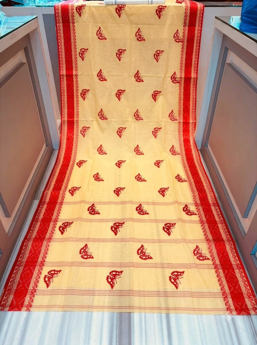 Ashtami Tangail Tant Cotton Saree(Butterfly Embroidery)