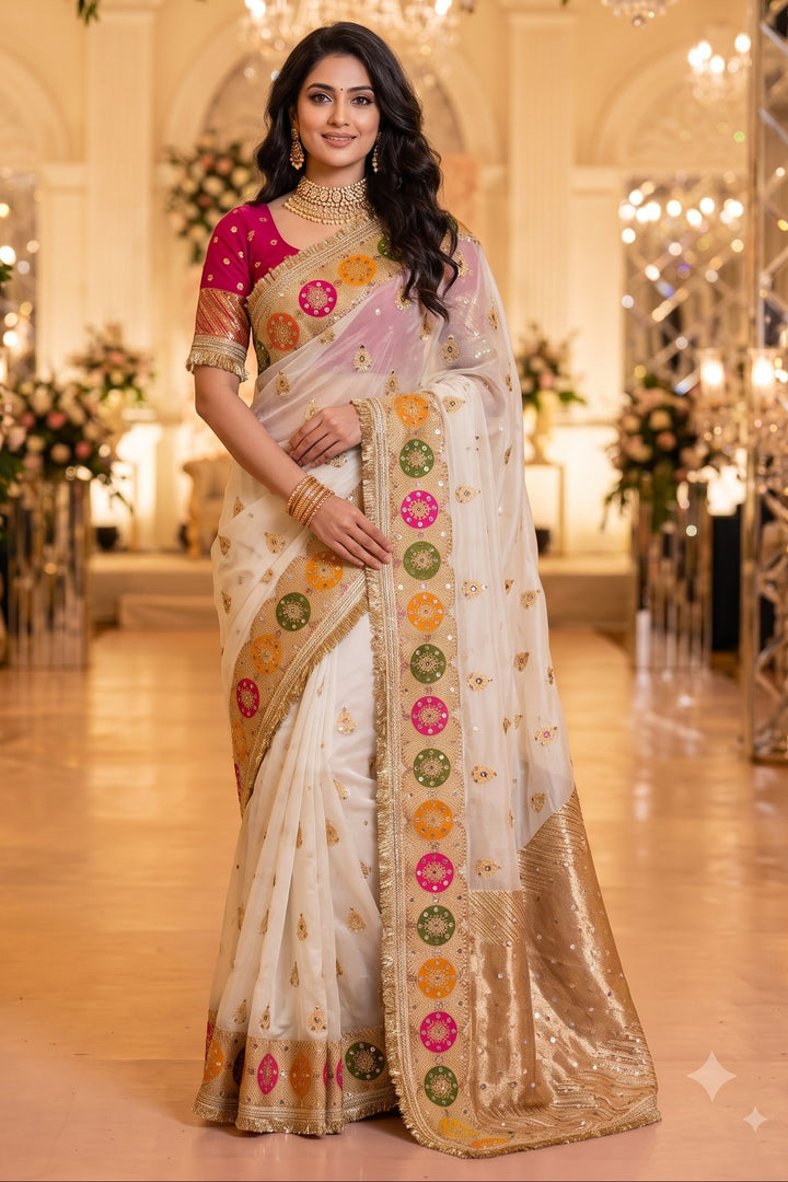 Willow Charm Silk Saree With Mirror Work