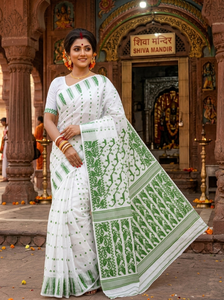 Shatarupa Bengal Jamdani Saree (White & Green )