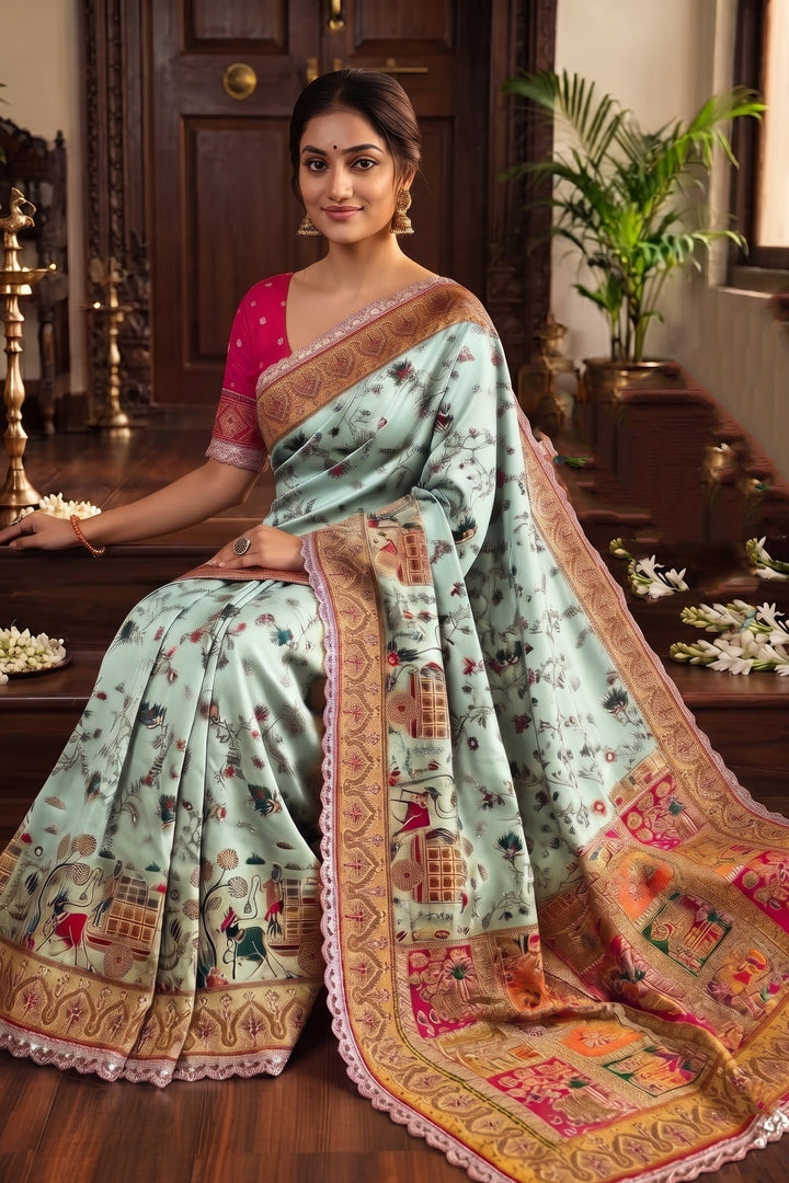 Rajwadi Noor Pashmina Silk Saree with Kashmiri Thread Weaving &amp; Heavy Zari Border