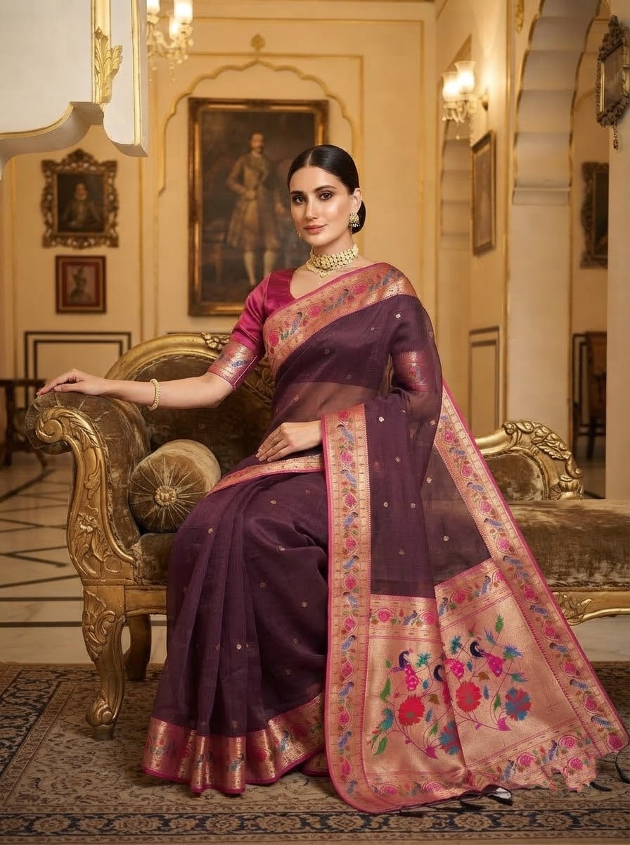 Golden Dew-Organza Silk (Semi) Saree with Minakari Zari Border & Designer Zari Pallu