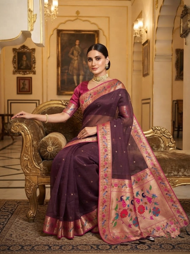 Golden Dew-Organza Silk (Semi) Saree with Minakari Zari Border & Designer Zari Pallu