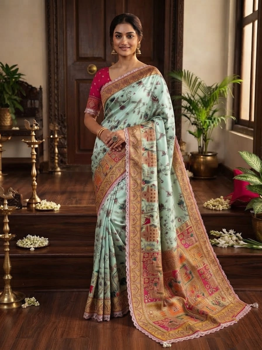 Rajwadi Noor Pashmina Silk Saree with Kashmiri Thread Weaving &amp; Heavy Zari Border