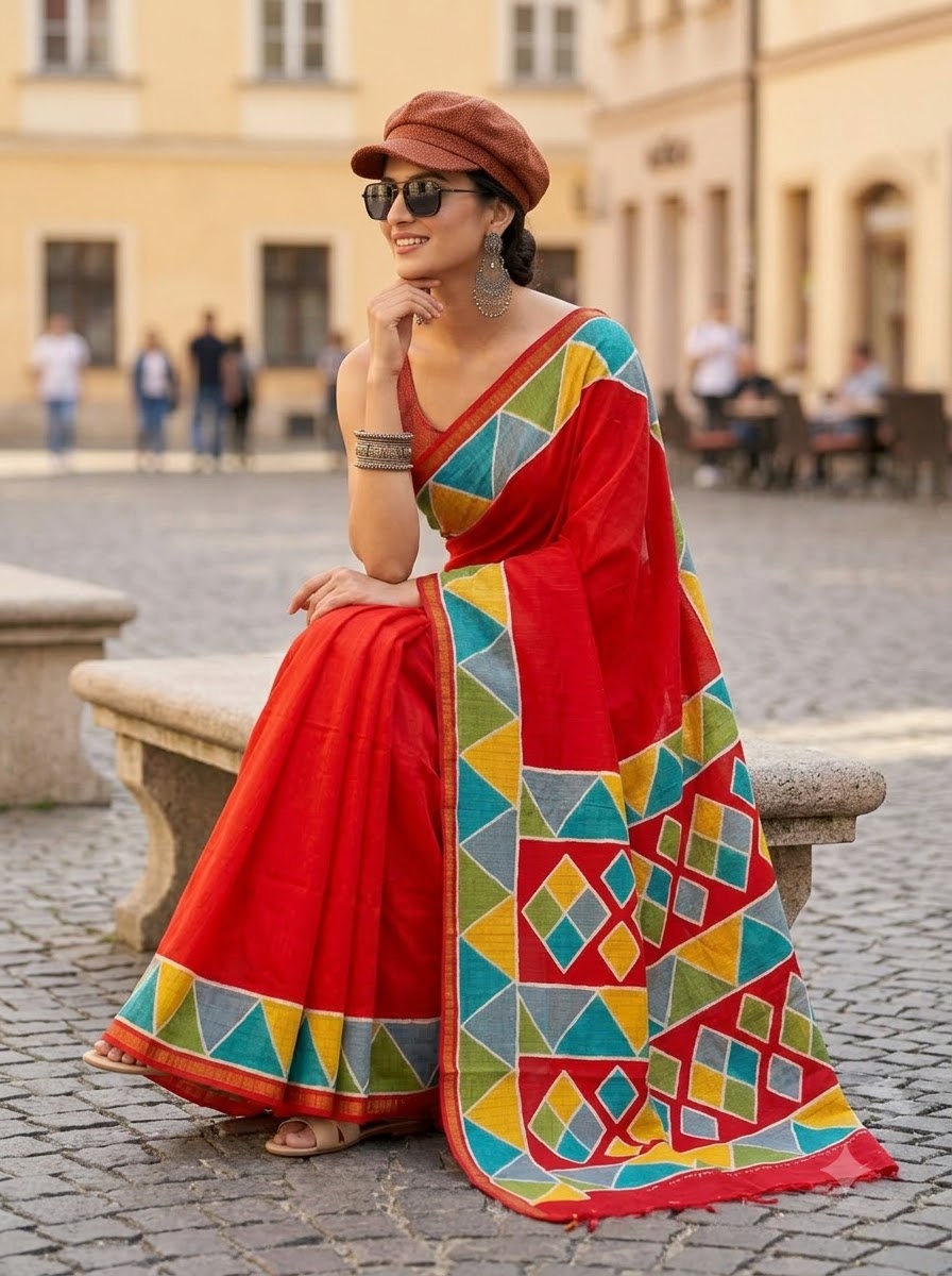 Rang Remix – Semi Matka Silk Multicolour Geometric Print Saree
