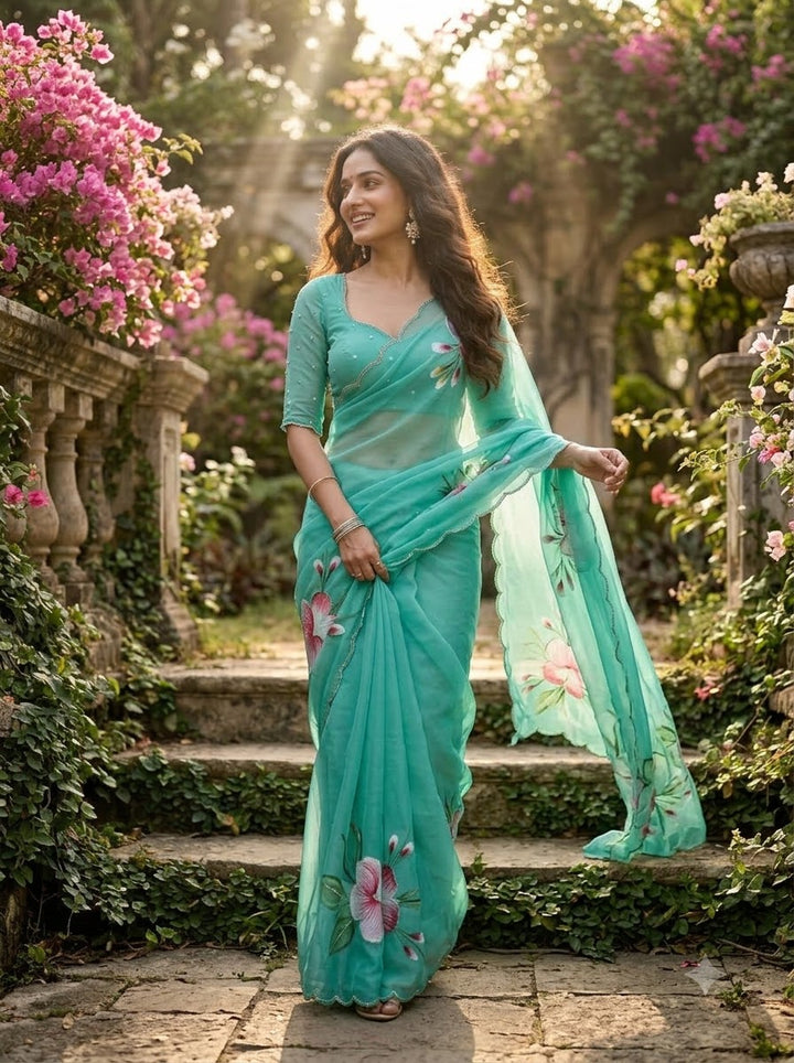 Flowers for Her Soul – Chiffon Handwork Saree with Khatli Work