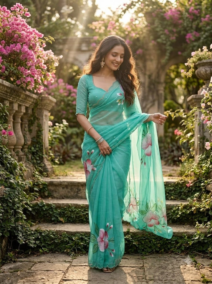 Flowers for Her Soul – Chiffon Handwork Saree with Khatli Work
