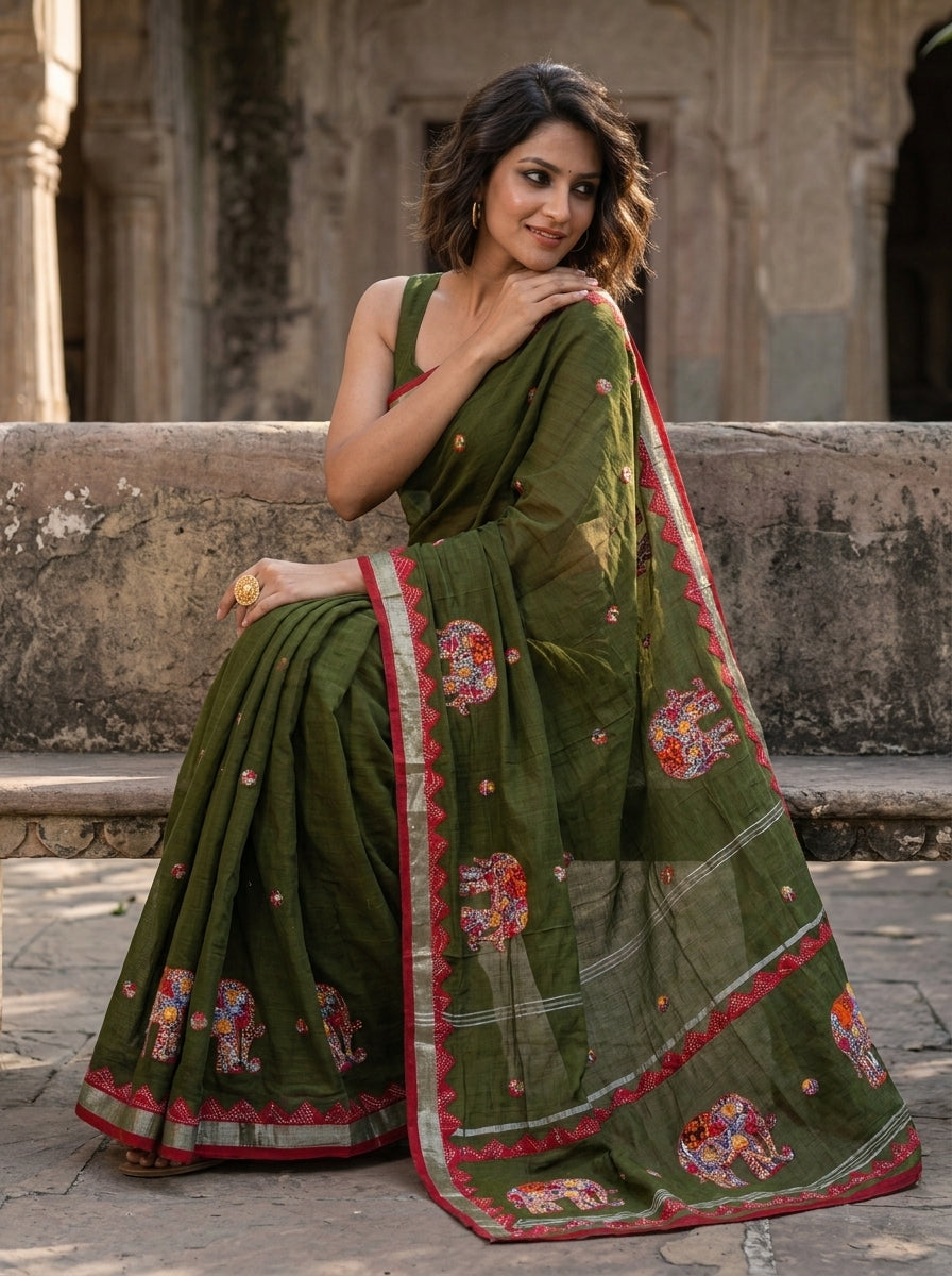 Rajhasti Khadi Linen Appliqué Work Saree