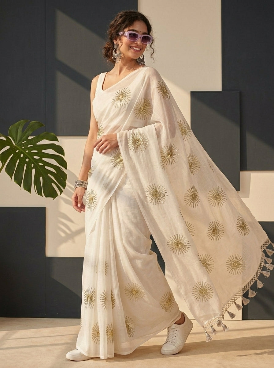 Stole My Heart Sequins Work Mul Cotton Saree