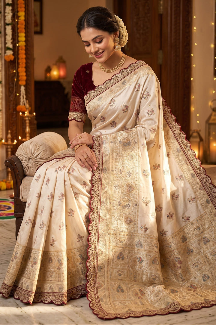 Apsara minakari  Satin silk Saree with Scallop Border