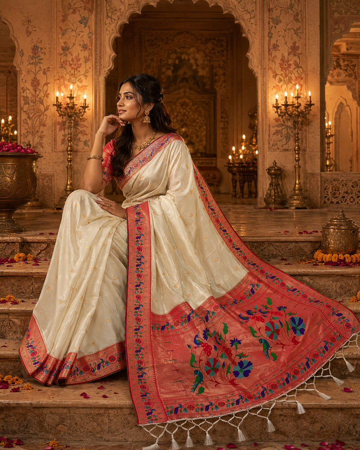 Golden Dew-Organza Silk (Semi) Saree with Minakari Zari Border & Designer Zari Pallu