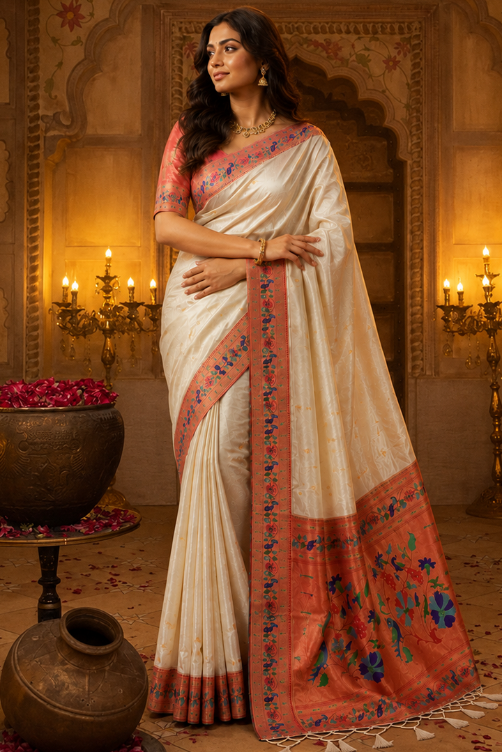 Golden Dew-Organza Silk (Semi) Saree with Minakari Zari Border & Designer Zari Pallu