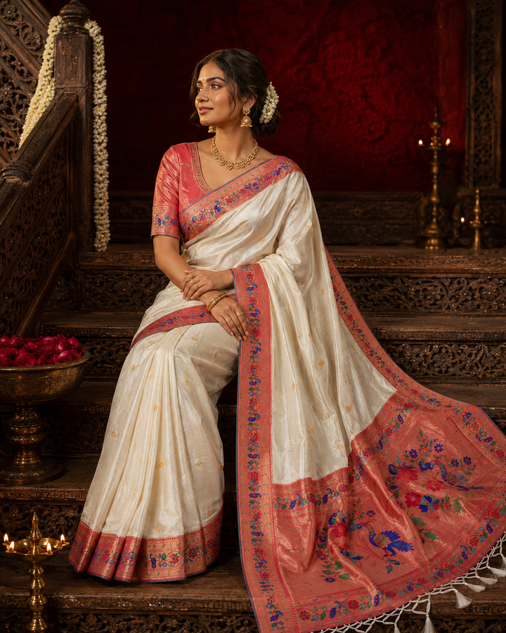 Golden Dew-Organza Silk (Semi) Saree with Minakari Zari Border & Designer Zari Pallu