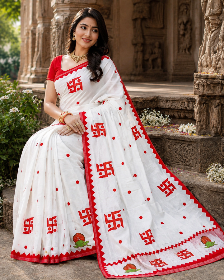 ✨ Shubha Mangalam – Swastik Appliqué Cotton Silk Saree