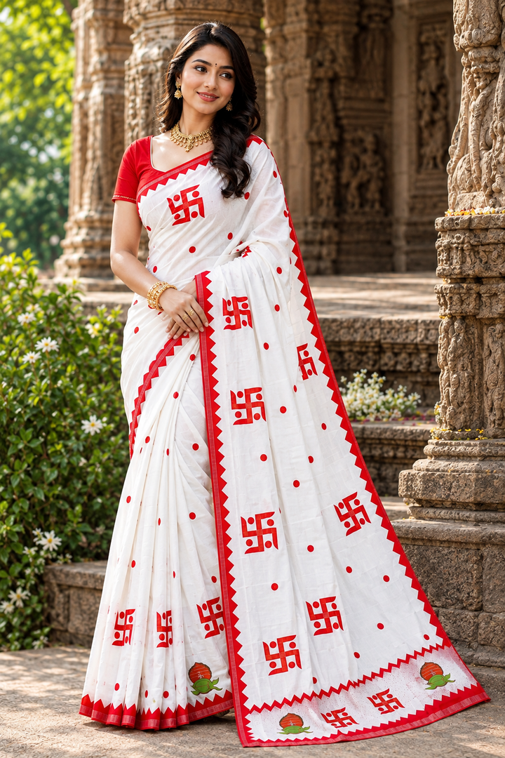 ✨ Shubha Mangalam – Swastik Appliqué Cotton Silk Saree