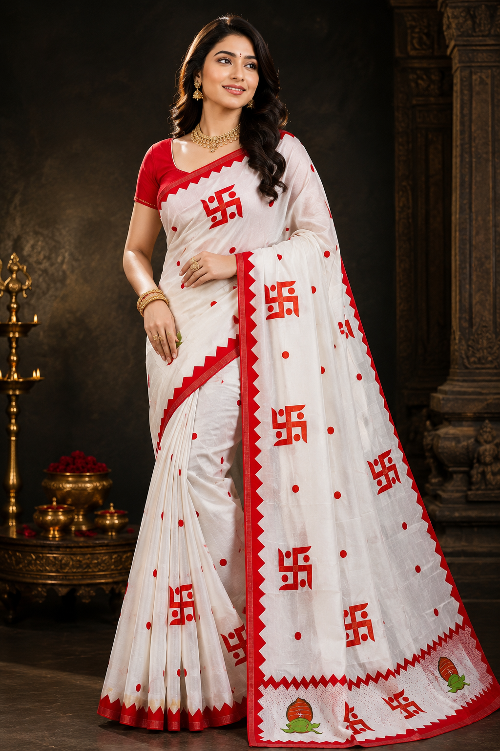 ✨ Shubha Mangalam – Swastik Appliqué Cotton Silk Saree