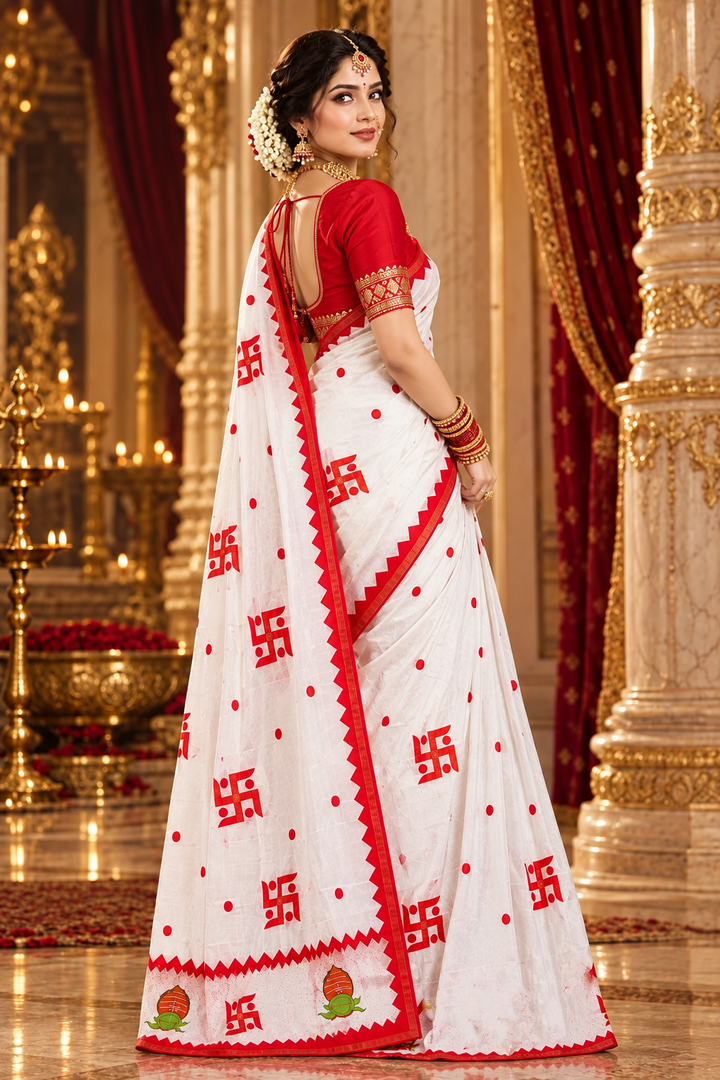 ✨ Shubha Mangalam – Swastik Appliqué Cotton Silk Saree