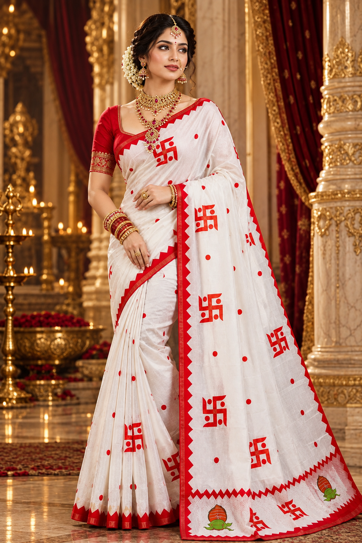 ✨ Shubha Mangalam – Swastik Appliqué Cotton Silk Saree