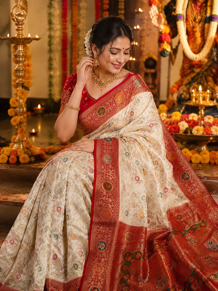 Shubho Shree Premium White Banarasi Silk Saree with Rich Red Border & Multicolor Woven Motifs