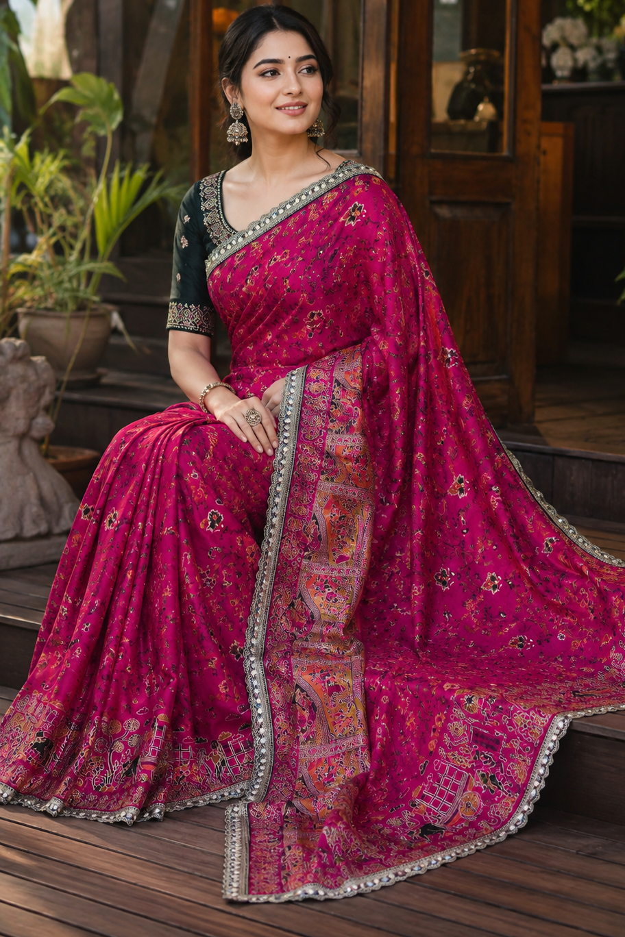 Rajwadi Noor Pashmina Silk Saree with Kashmiri Thread Weaving &amp; Heavy Zari Border