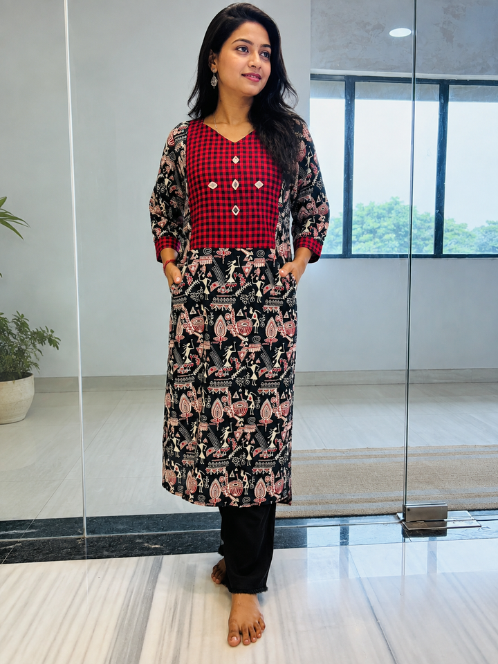 Red Check Heritage Kurti.-Kurti(Only Kurti)