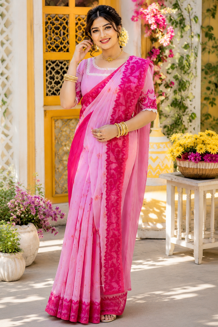 Golapi Golpo Bengal Jamdani Saree With Blouse (Combo)