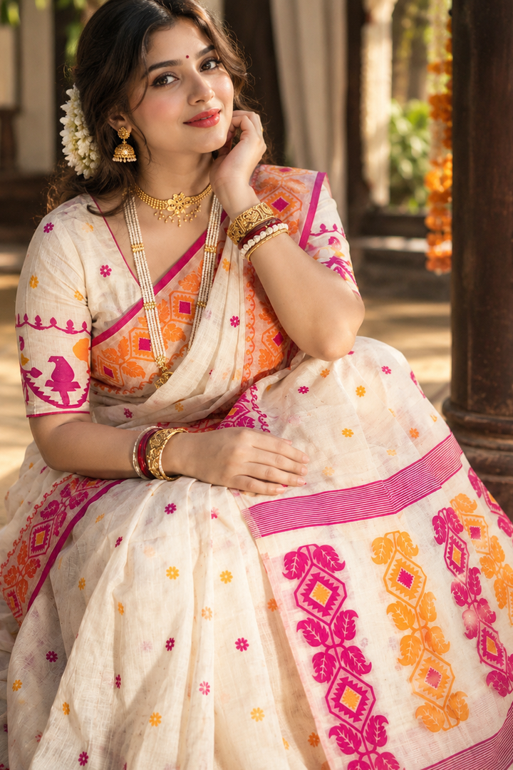 Rajmohini Exclusive Semi Tassar Jamdani Saree
