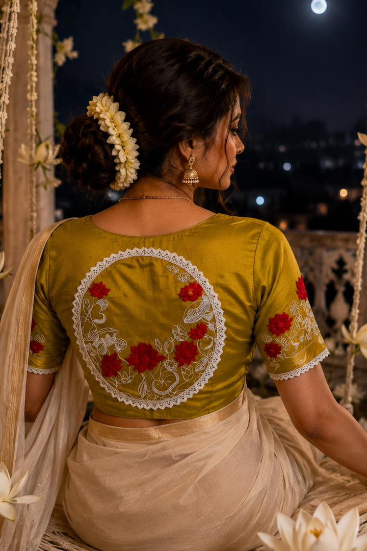 Lotus Of Peace Vichitra Silk Embroidery Blouse