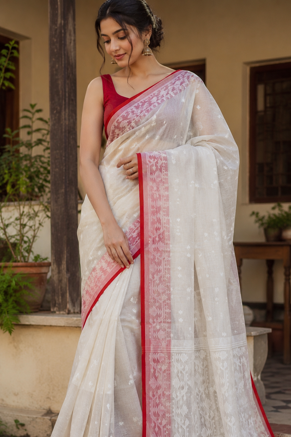 Hiyar Majhe Muslin Cotton Saree (White Saree Red Border)