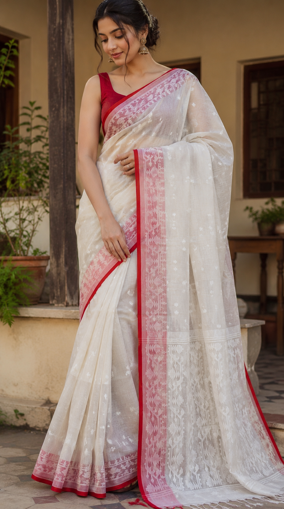 Hiyar Majhe Muslin Cotton Saree (White Saree Red Border)