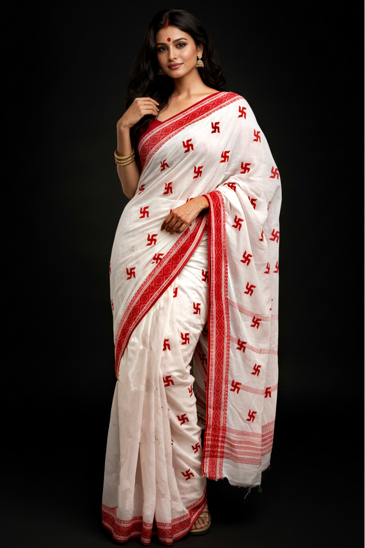 Ashtami Tangail Tant Cotton Saree(Swastik Design)