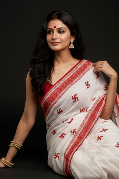 Ashtami Tangail Tant Cotton Saree(Swastik Design)