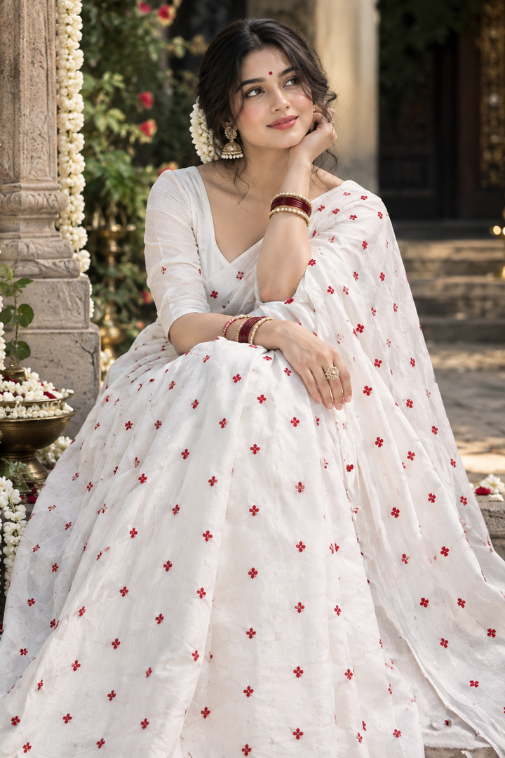 Kheya - Shiuli(Jasmine) Embroidered Khadi Saree