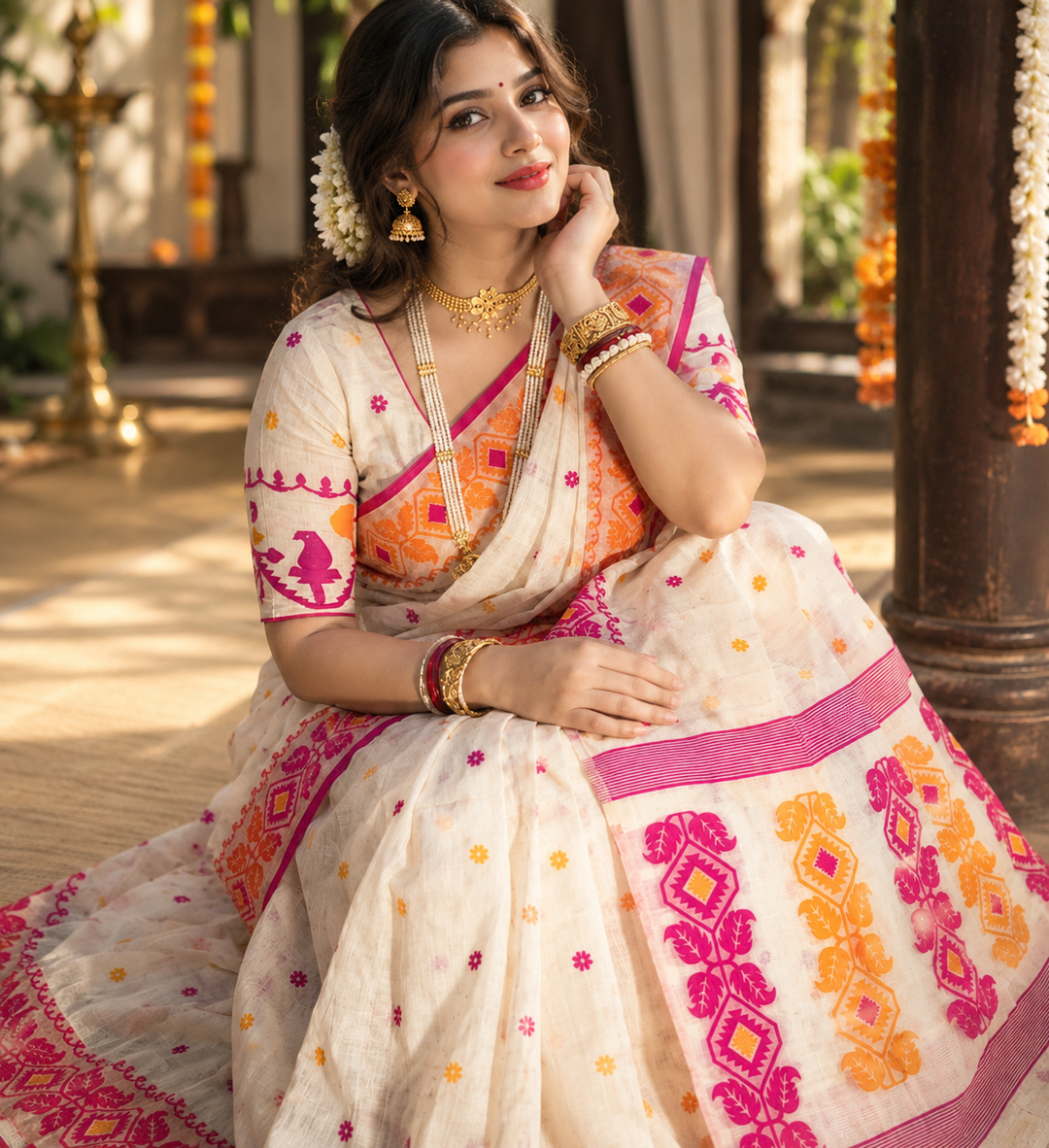 Rajmohini Exclusive Semi Tassar Jamdani Saree