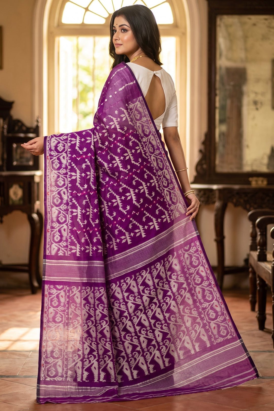 Shatarupa Bengal Jamdani Saree(Purple,Black Border)