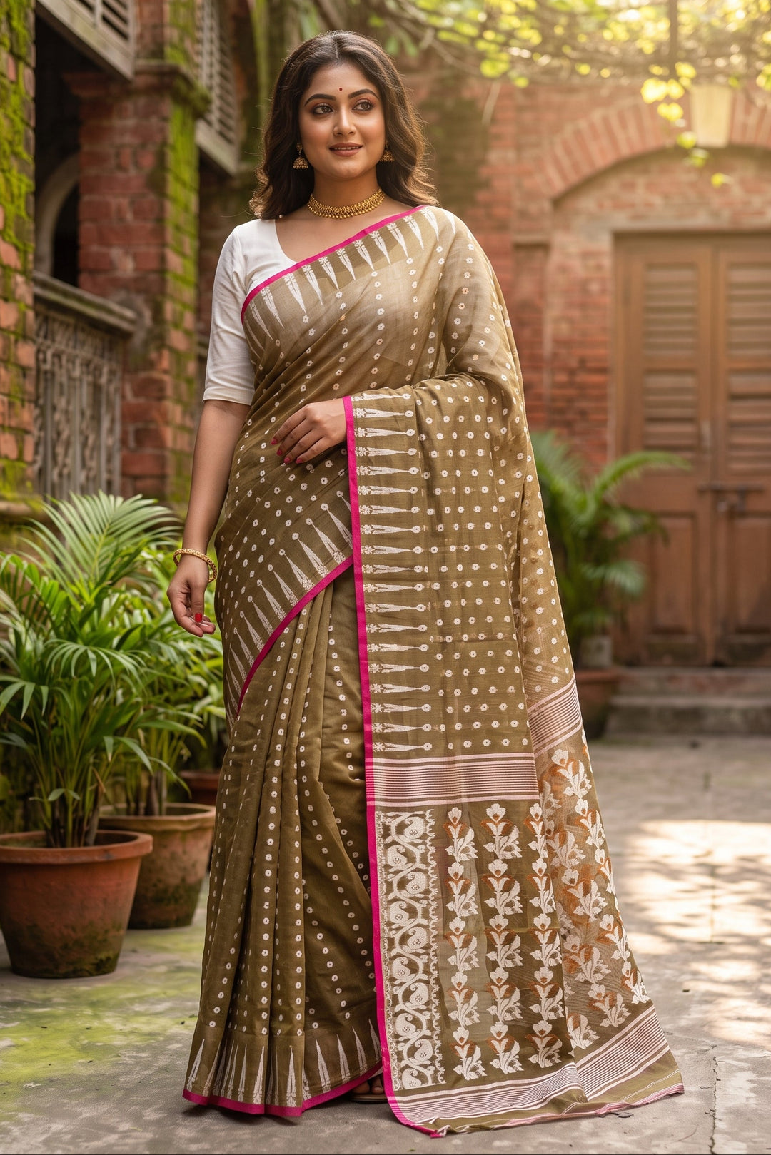 Moner Alo-Bengal Jamdani Saree (Moss Green With Pink)