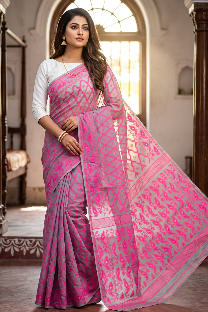 Neel Komol ( নীল কমল )Bengal Jamdani Saree (Pink-Grey)