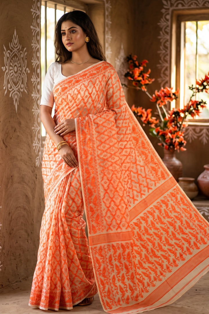 Neel Komol ( নীল কমল )Bengal Jamdani Saree (Beige-Orange)